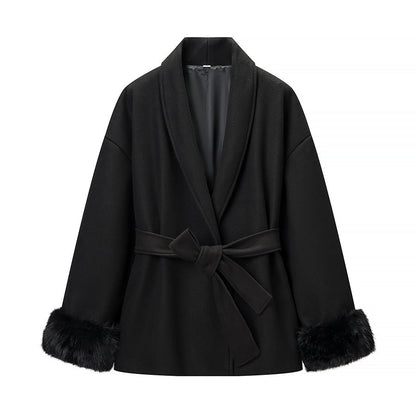Damen Modische Jacke Weichgefütterter Kragen Bindegürtel