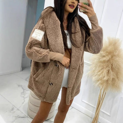 Damen Teddyjacke Klassischer Kragen Praktische Taschen Braun