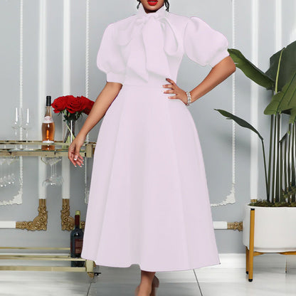 Damen Elegantes Midi-Kleid Puffärmel Bindegürtel Eveloria