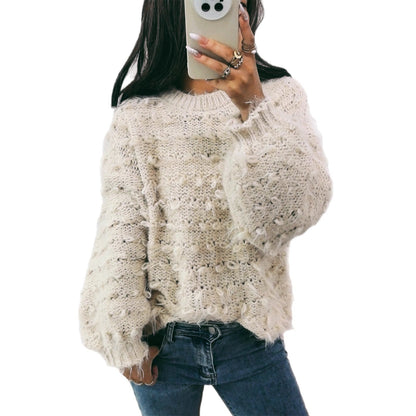 Damen Strickpullover Kuschelig Struktur Oberfläche Beige Eveloria