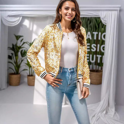 Damen Glitzernde Bomberjacke Pailletten Streifen