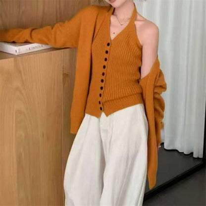 Damen Grobstrickjacke Abnehmbare Ärmel Knopfdetails Beige