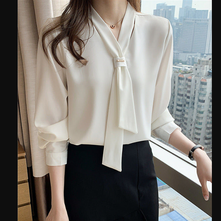 Damen Bluse Seidenfinish Eleganter Schlaufenkragen - Eveloria