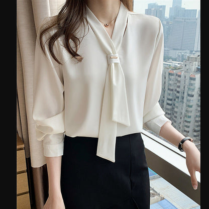 Damen Bluse Seidenfinish Eleganter Schlaufenkragen - Eveloria