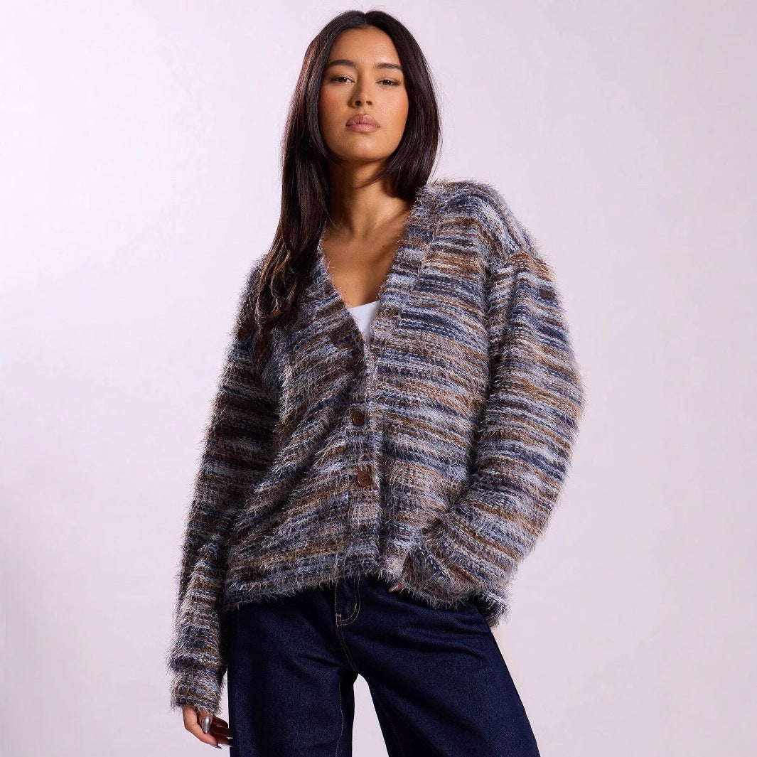Damen Strickpullover V-Ausschnitt Luftig Farbverlauf