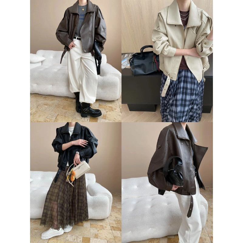 Damen Kunstlederjacke Oversized Dekorativen Knöpfen