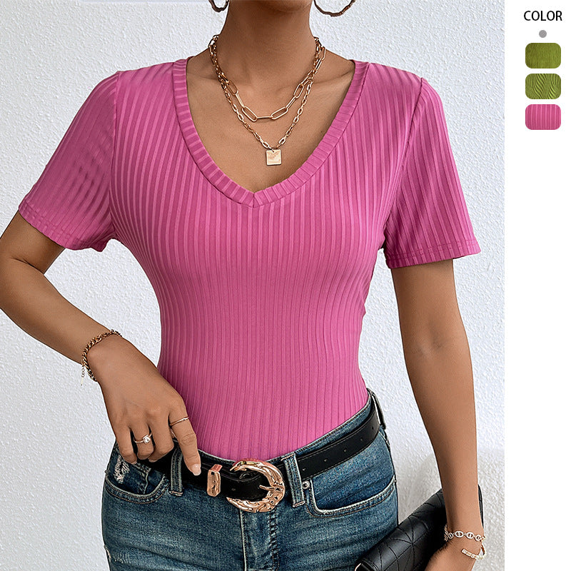 Damen Kurzarmshirt V-Ausschnitt Rippstruktur Eveloria - Eveloria