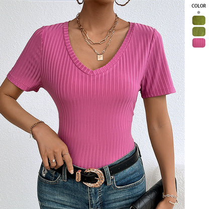 Damen Kurzarmshirt V-Ausschnitt Rippstruktur Eveloria - Eveloria