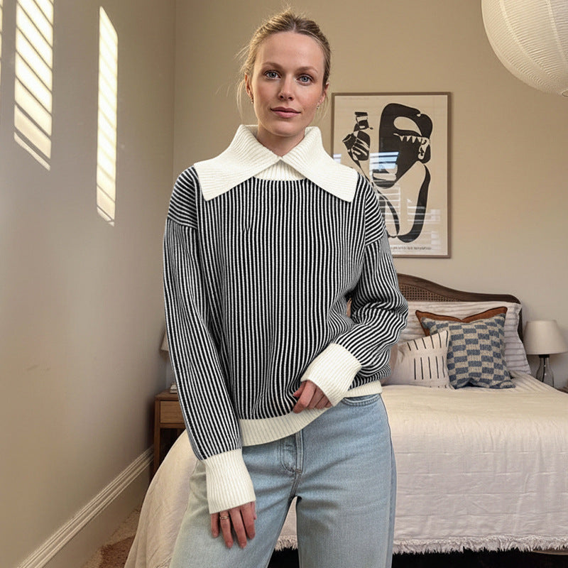 Damen Pullover Streifenmuster Eleganter Kragen Eveloria