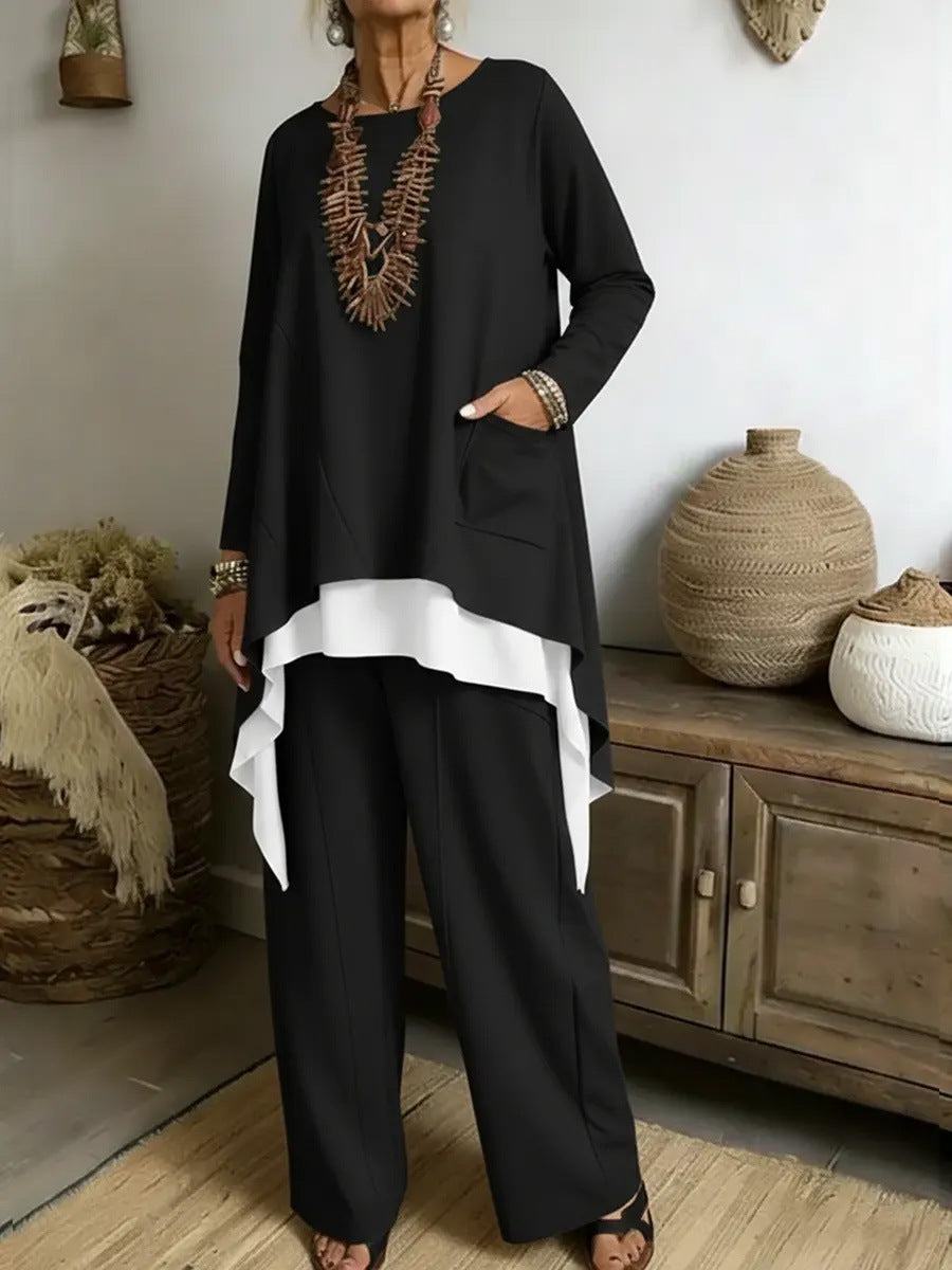 Damen Ensemble Asymmetrisches Oberteil Weite Hose Eveloria