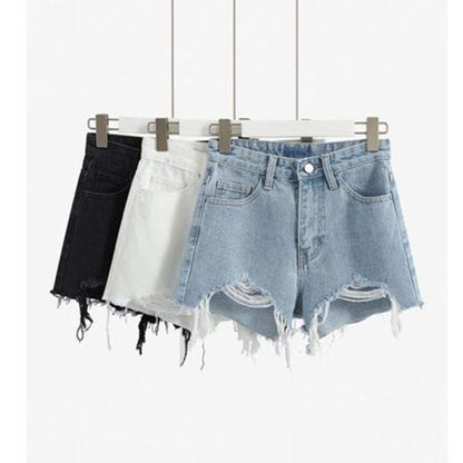 Damen Highwaist Destroyed Denim Shorts mit Fransensaum