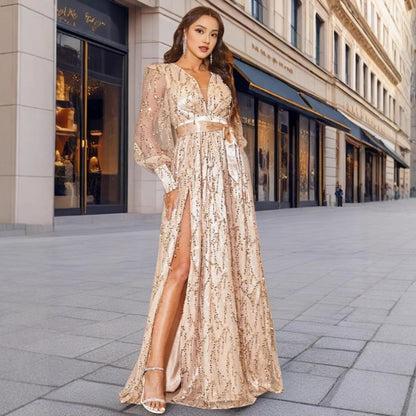 Damen Abendkleid Glitzernd Hochgeschlossener V-Ausschnitt