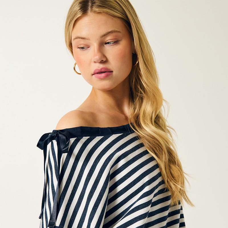 Damen Off-Shoulder Sweatshirt Gestreift Eveloria