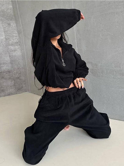 Damen Fleece-Loungewear-Set Elastisch Halbzippverschluss Grau