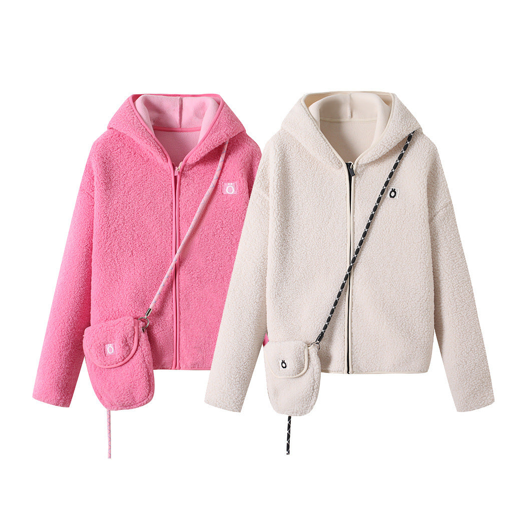 Damen Fleecejacke mit Kapuze und Umhängetasche Kuschelig Grau