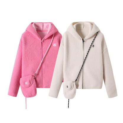Damen Fleecejacke mit Kapuze und Umhängetasche Kuschelig Grau