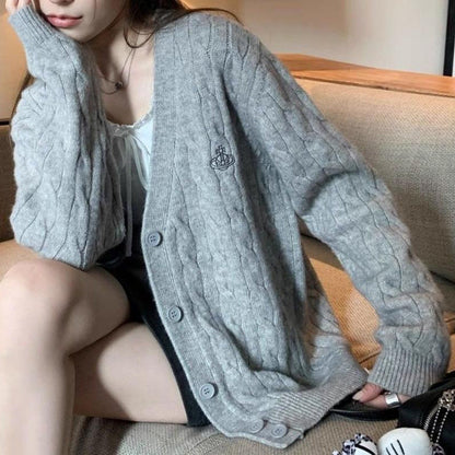 Damen Strickjacke Zopfmuster Große Knöpfe Eveloria