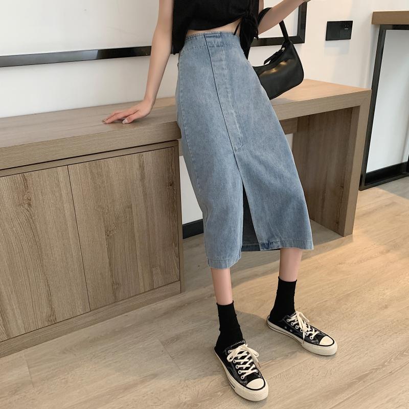 Damen Jeansrock Midi mit Schlitz Eveloria