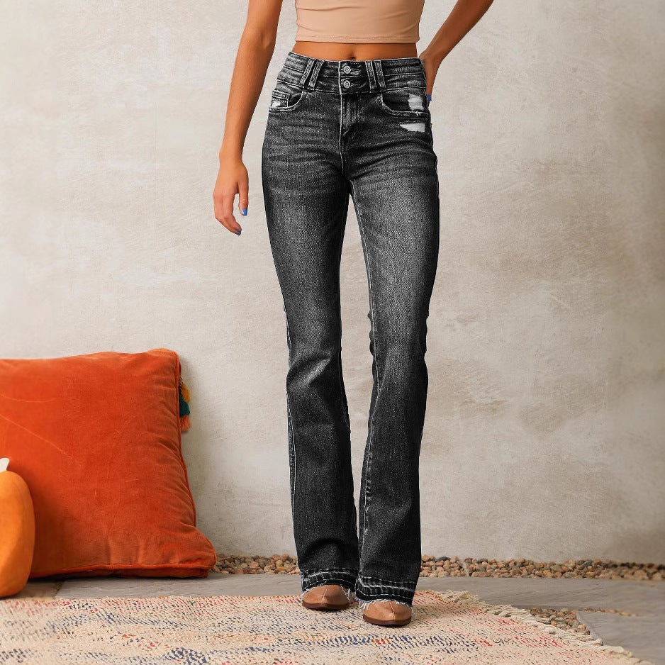 Damen Highwaist Bootcut Jeans Distressed Dunkelblau
