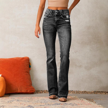 Damen Highwaist Bootcut Jeans Distressed Dunkelblau