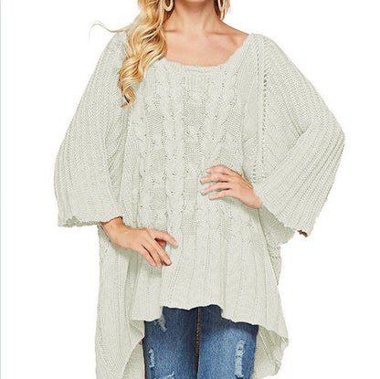 Damen Grobstrick-Poncho Zopfmuster Weite Ärmel Beige