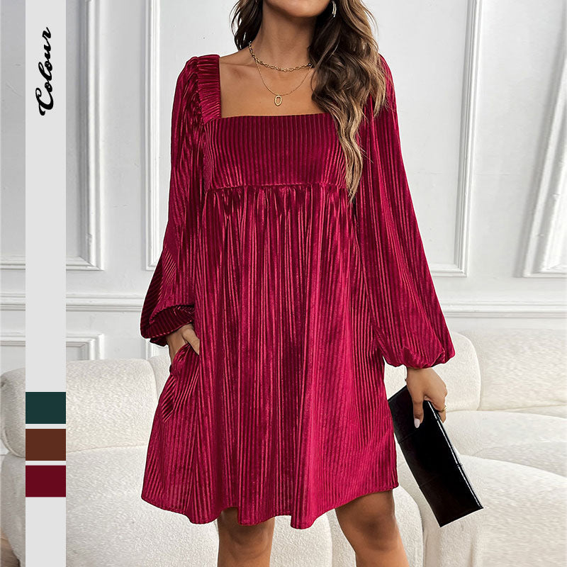 Damen Oversized Kleid Cordstoff Rüschendetail Schwarz - Eveloria