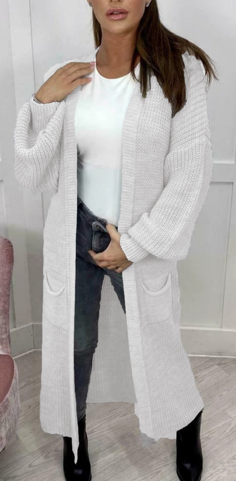 Damen Grobstrickmantel Offen Lässig Beige