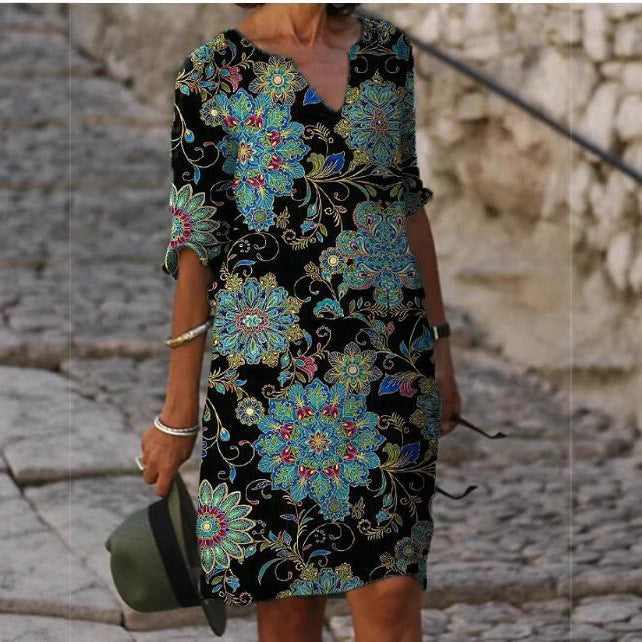 Damen Kleid mit V-Ausschnitt Florales Muster Eveloria
