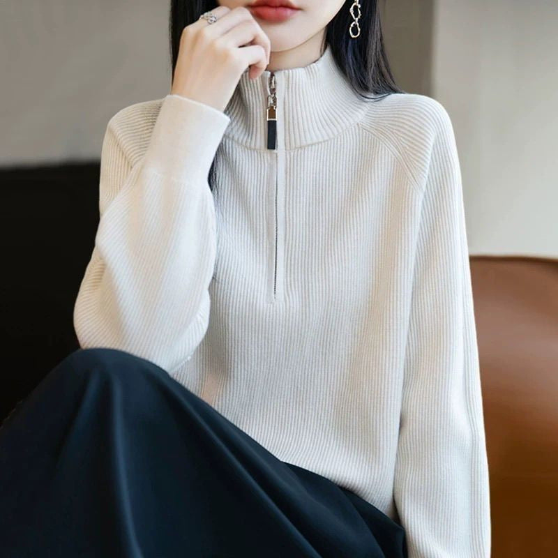 Damen Pullover Hochkragen Reißverschluss Eveloria
