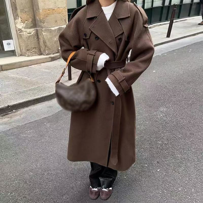 Damen Long-Trenchcoat Stehkragen Strukturiert Eveloria
