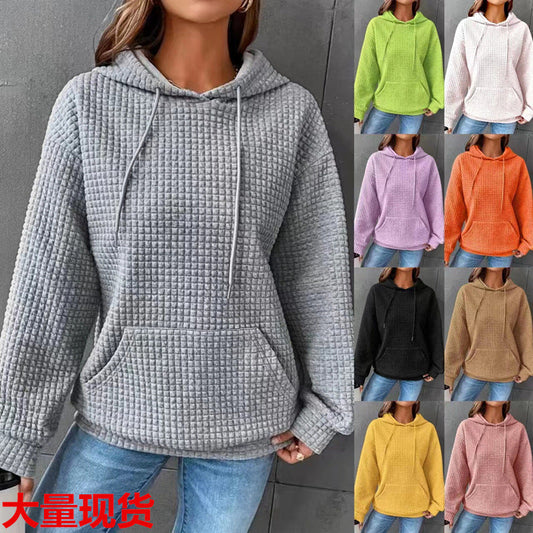Damen Waffelpullover mit Kapuze und Kängurutasche Grau - Eveloria