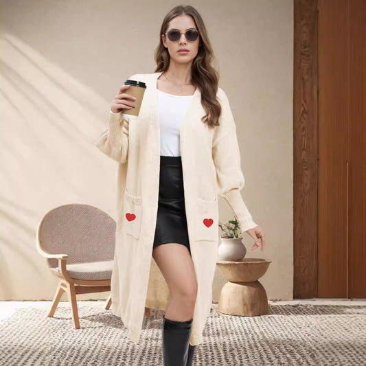 Damen Strickjacke Langarm mit Herzen Offene Taschen - Eveloria
