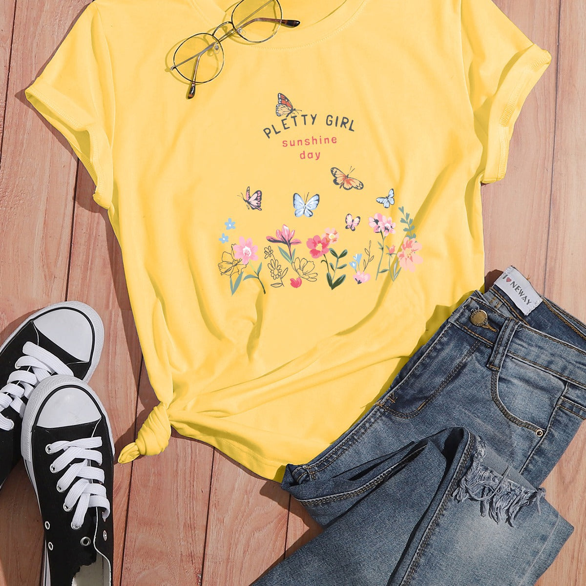 Damen T-Shirt Blumendruck Elegant Weiß