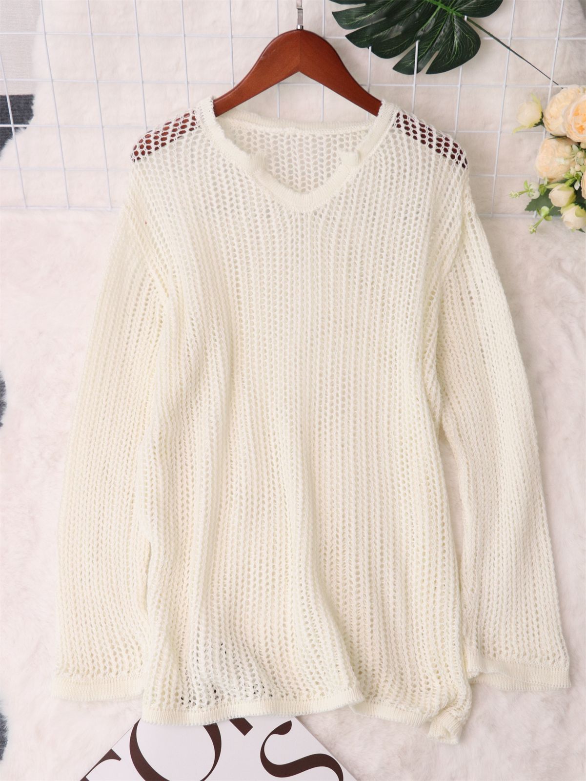 Damen Strickpullover Luftiger Netzdesign