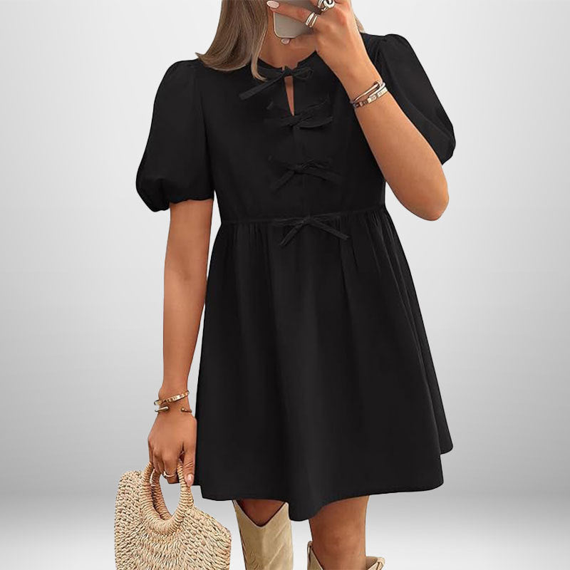 Damen Kurzkleid Puffärmel Schleifendetails Eveloria