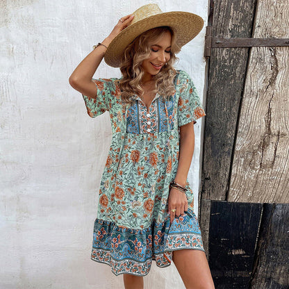 Damen Blumenkleid Sommer Rüschensaum Knopfdesign - Eveloria