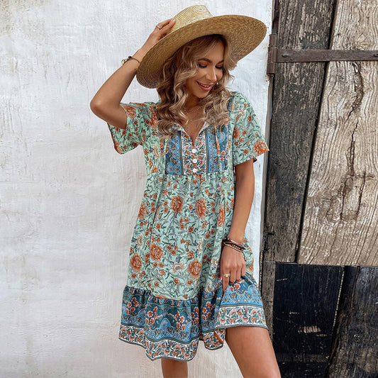 Damen Blumenkleid Sommer Rüschensaum Knopfdesign - Eveloria