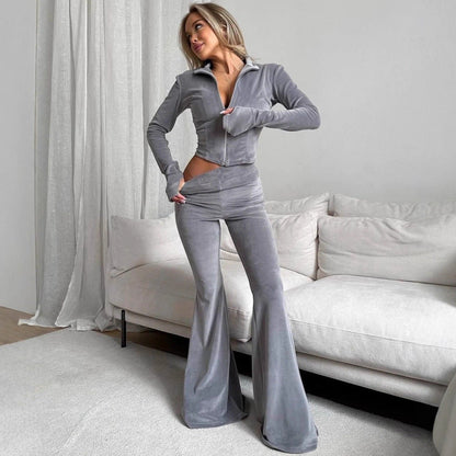 Damen Fleece Jogginganzug Elegant Reißverschluss Ausgestellte Beine