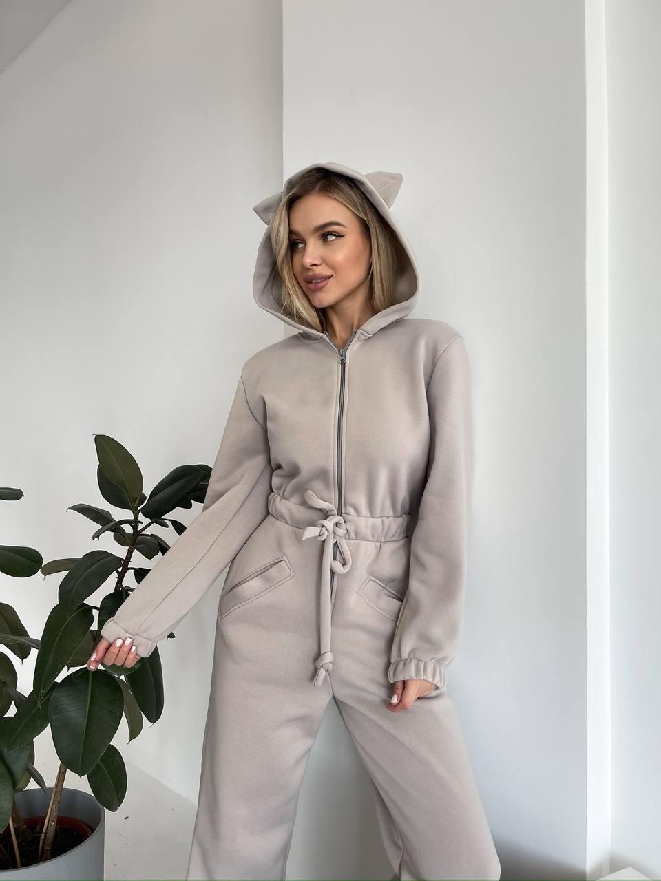 Damen Jumpsuit Kuschelig Känguru-Taschen Tierohren Grau