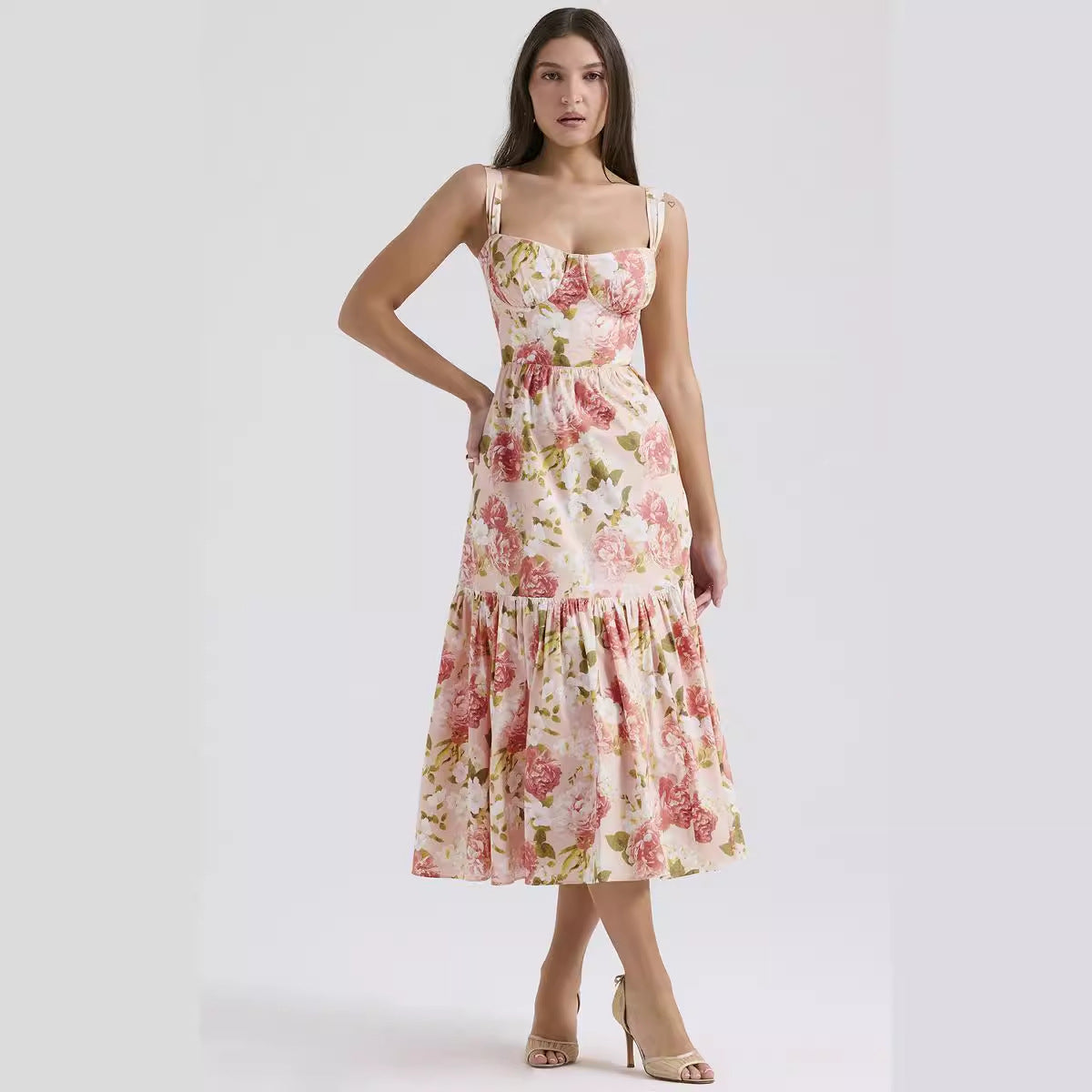 Damen Maxikleid Floral Muster Tailliert