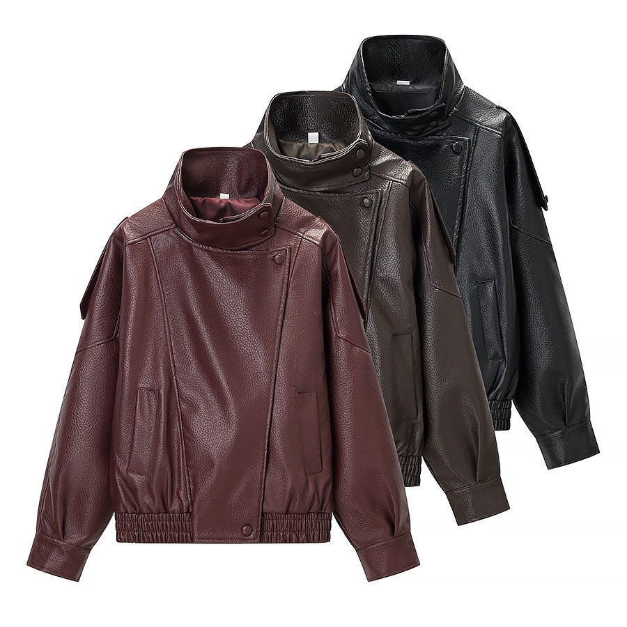 Damen Kunstlederjacke Hochkragen mit Taschen
