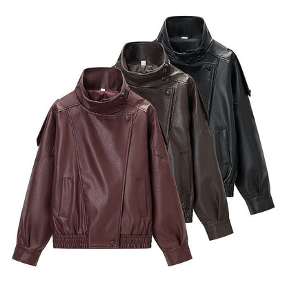 Damen Kunstlederjacke Hochkragen mit Taschen