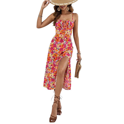 Damen Blumenkleid Midi mit seitlichem Schlitz Spaghettiträger