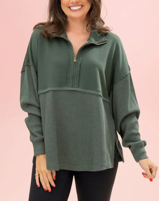 Damen Pullover Halbzipper Voluminöse Ärmel Grau Eveloria