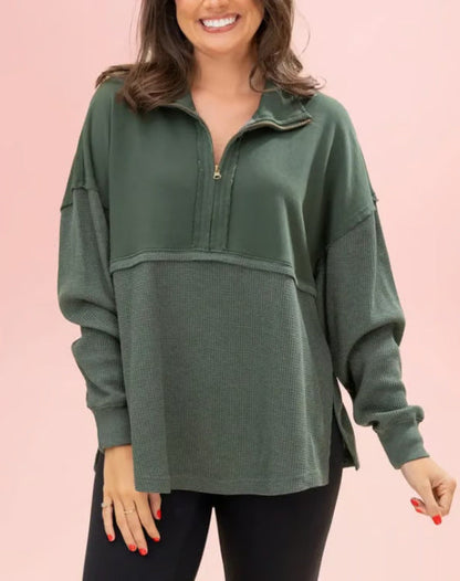 Damen Pullover Halbzipper Voluminöse Ärmel Grau Eveloria