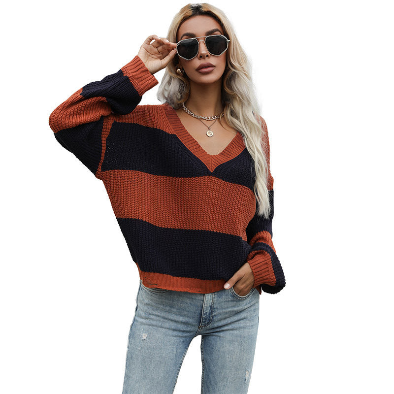 Damen Oversized Strickpullover V-Ausschnitt Blockstreifen