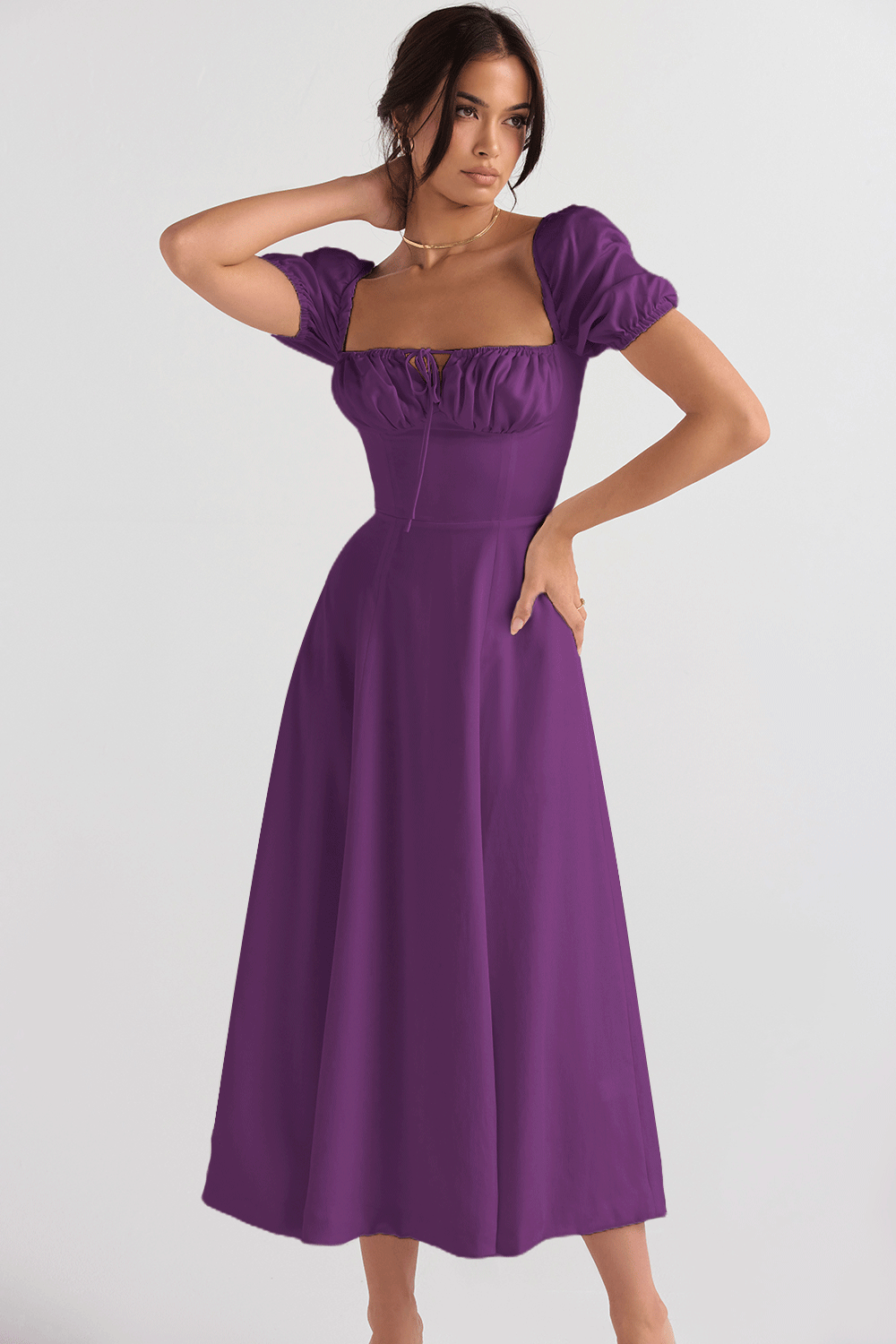 Eveloria Damen Midikleid Puffärmel Raffinierter Ausschnitt