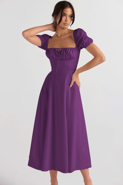 Eveloria Damen Midikleid Puffärmel Raffinierter Ausschnitt
