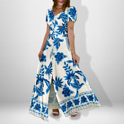 Damen Maxikleid Florales Wickel-Design Knöpfbarem Oberteil