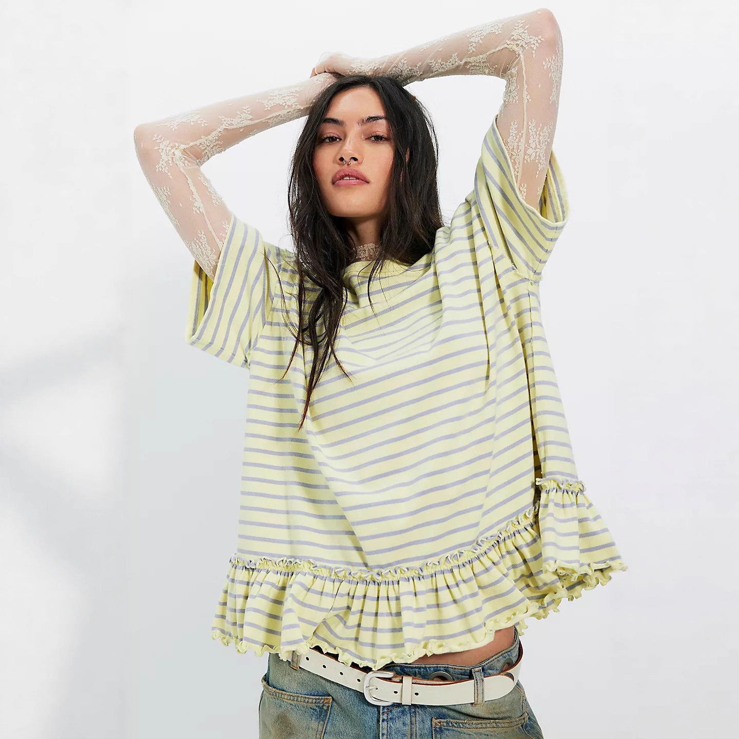 Damen Oversized T-Shirt Streifen Rüschendetail Weiss - Eveloria